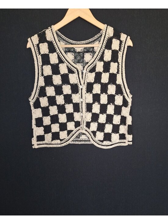 Jackets & Blazers - 💙 Crochet Vest Black Cream Checkerboard Boho Size M/L Open Front Sweater Vest C